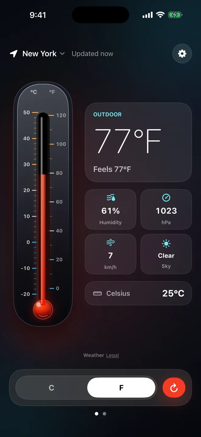 The Thermometer app showing 77°F in New York on the analog dial, with humidity 61 percent, pressure 1023 hPa, wind 7 km/h and a clear sky.