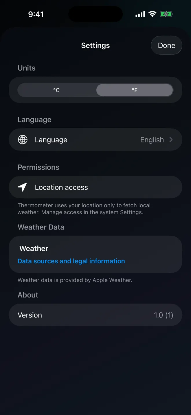 The Settings screen of Thermometer with the unit toggle and the language picker.